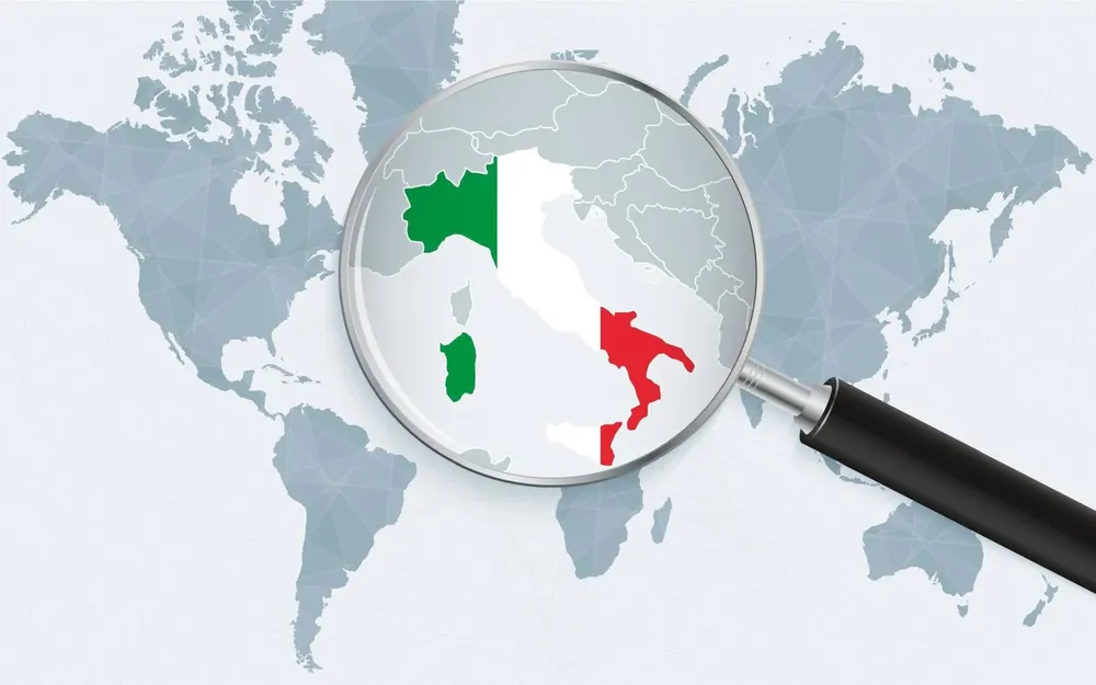 world-map-with-a-magnifying-glass-pointing-at-italy-map-of-italy-with-the-flag-in-the-loop-vector